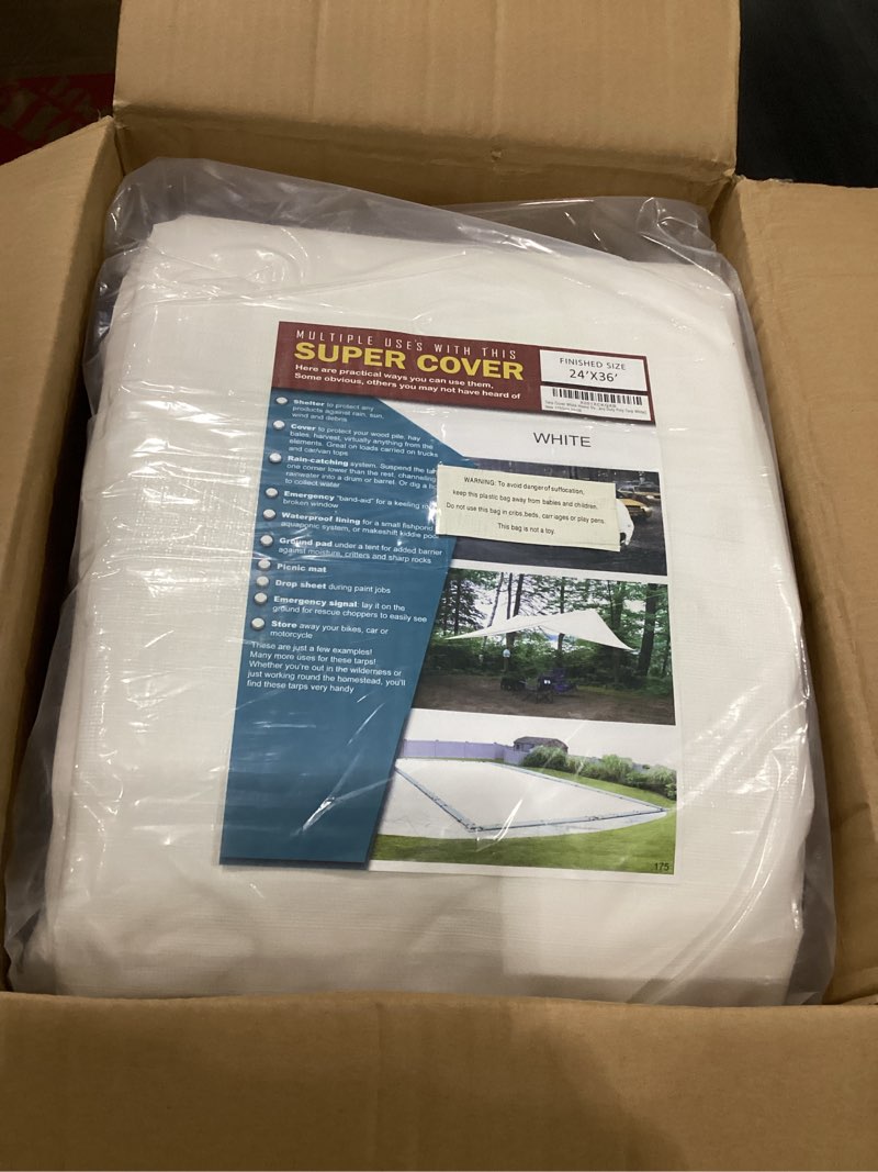 Condition photo showing New/Like New for 24'x36' extra heavy duty 12 mil (white) tarp 3 ply coated reinforced canopy 6 oz 3 layer (includes tarps tools and toys maintenance manual)