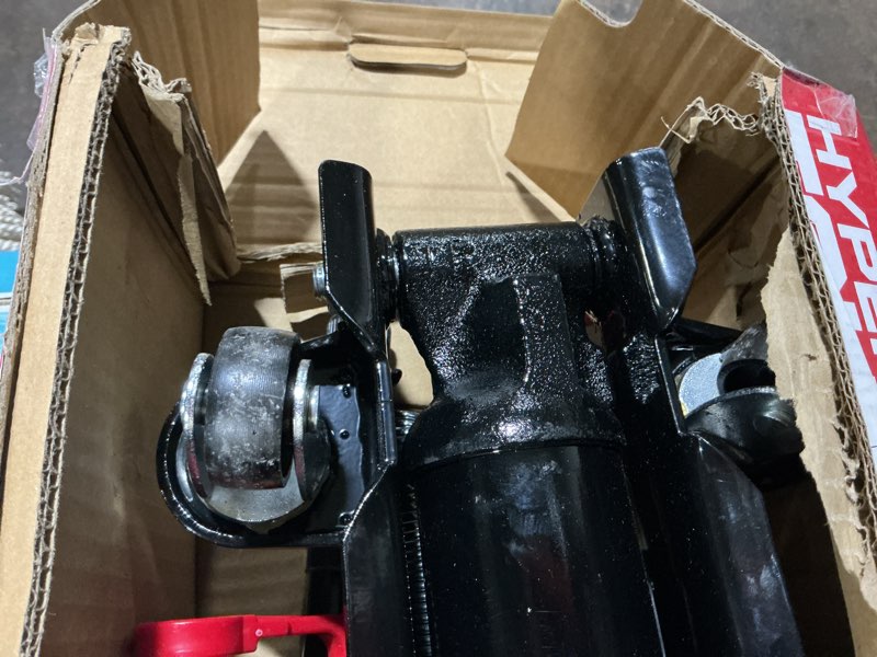 Condition photo showing As Is for hyper tough t82011w trolley jack, work for sedan and coupe, 2 ton black