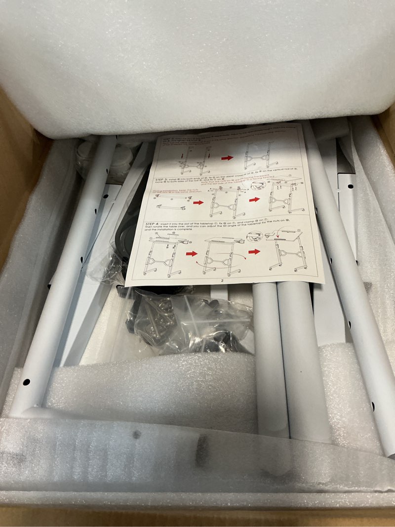 Condition photo showing Good Condition for small standing desk with wheels, portable treadmill desk, rolling desk adjustable height for laptop, mobile standing table for walking pad, bedside table white