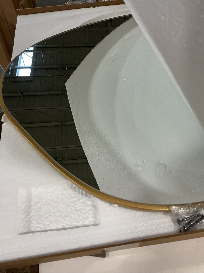 Condition photo showing Good Condition for PERFNIQUE Irregular Wall Mirror Asymmetrical Mirror, 27''x19'' Gold Mirror for Bathroom Bedroom Living Room Entryway, Decorative Modern Wall Decor, Wall Mounted Mirror (Gold, 27''x19'') Gold 27"L x 19"W