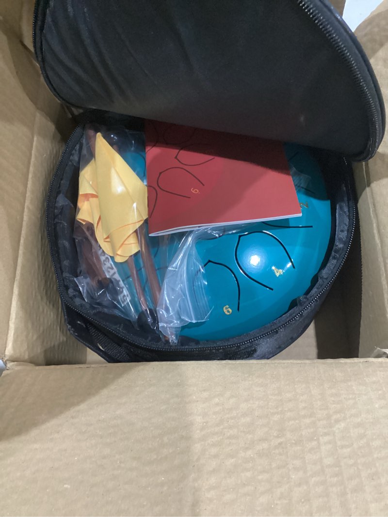 Condition photo showing New/Like New for Rain Drum for Outside Garden, 8 Inches 11 Notes Steel Tongue Drum, Waterproof Meditation Rain Chime, Musical Instruments for Adult Gift with Bag, Music Book, Mallets (Lake Blue) 8 Inches Lake Blue