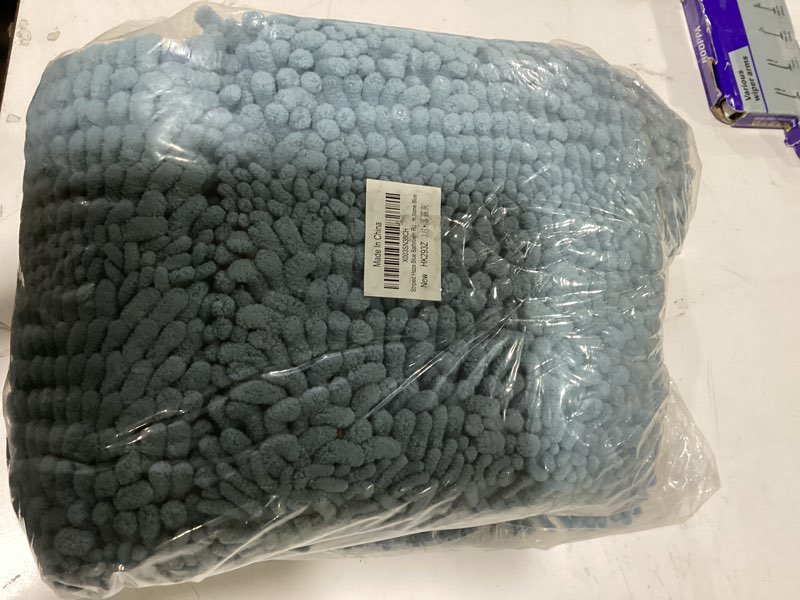 Condition photo showing New/Like New for striped haze blue bathroom rug set 3 pieces ultra soft, non slip chenille bath carpet, absorbent plush shaggy bath mats for bathroom, toilet, bedroom, stone blue 2'8"x1'8"+2'×1'5"+u shape 2'x1'8" haze blue