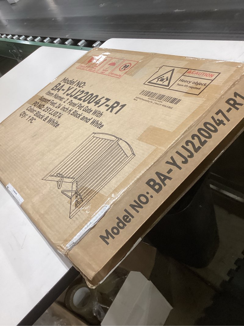 Condition photo showing New/Like New for Freestanding Pet Gate for Dogs, Foldable Wooden Dog Gate for House, Indoor Pet Barrier for Stairs, Doorways, Support Feet Included, 24" Height 2 Panels, White 24" Height-2 Panel White & Black