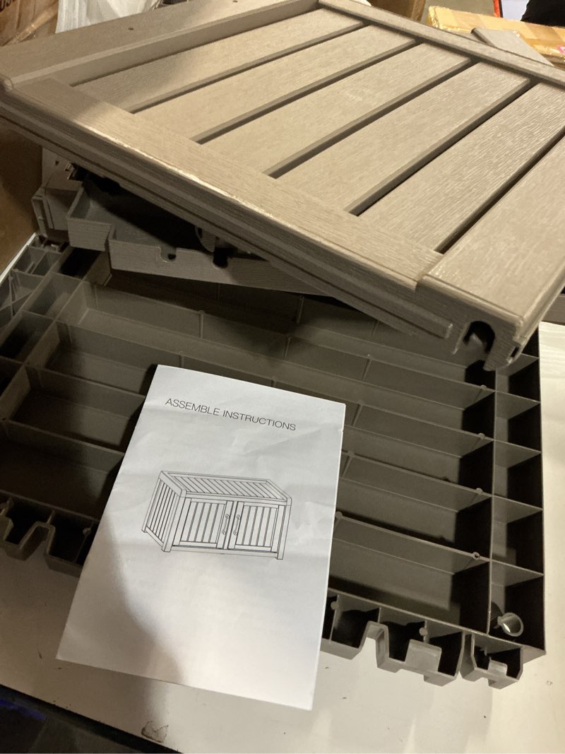 Condition photo showing Good Condition for  2tier storage bench, waterproof uv-resistant outdoor shoe storage cabinet with 2 doors & adjustable shelves for indoor outdoor entryway, hallway, living room (classic grey)