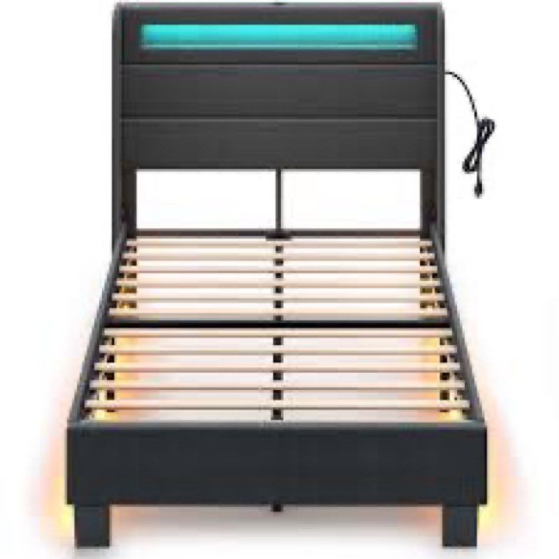 BF036-BE-T-RR   Rolanstar Bed Frame with Charging Station, Queen Bed with LED Lights Headboard, Metal Platform, Strong Metal Slats Support