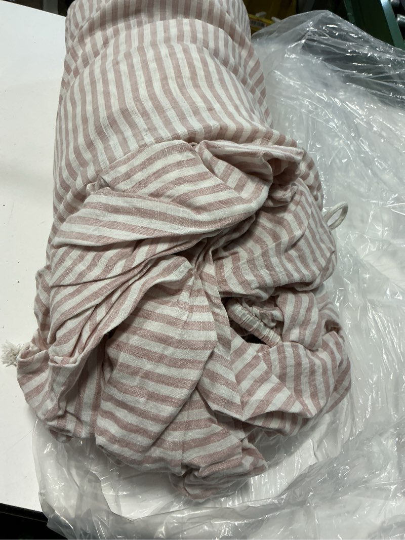 Condition photo showing As Is for european linen stripe sheet set, king, dusty mauve/white stripe