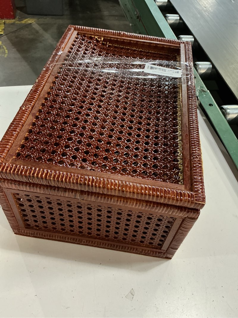 Condition photo showing As Is for handwoven rattan storage boxes set of 2, decorative wooden wicker chest with lids and latches, vintage boho storage trunks for living room, bedroom, home decor