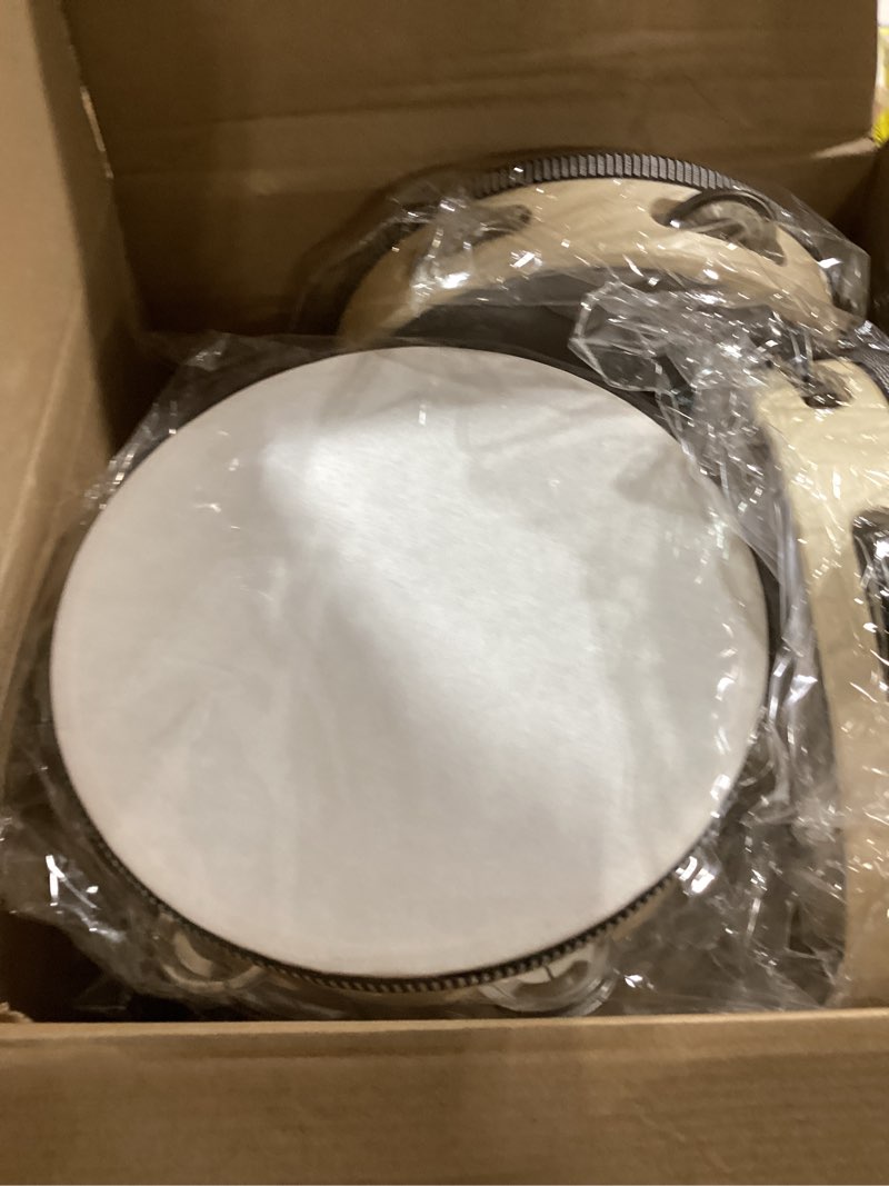 Condition photo showing New/Like New for 12 pcs tambourine drum bulk for adults hand held percussion gift operation christmas bulk items wood metal jingles musical educational drum instrument for church wedding party games(white) 8 inch white