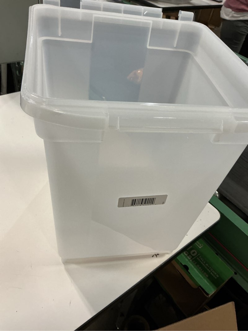 Condition photo showing As Is for IRIS USA Airtight Dog Food Storage Container 25 lbs, Removable Wheels, for Dog Cat Bird and Other Pets, Food Storage Bin, Keep Fresh, Made in USA, Clear/Dark Gray 25 lbs Clear/Dark Gray