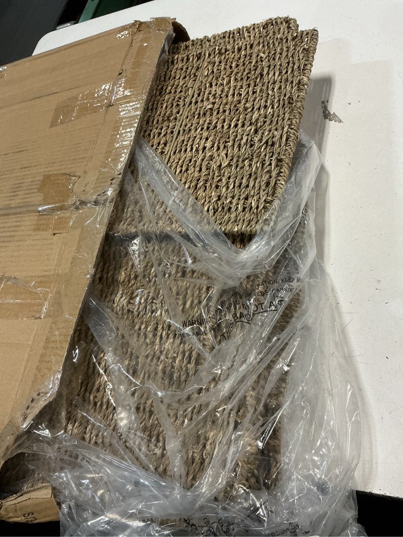 Condition photo showing Good Condition for seagrass storage baskets, 12x12x10in cube wicker storage basket for shelves, pantry baskets organization and storage, kitchen storage baskets, bathroom shelves storage basket set of 3 seagrass 12x12x10