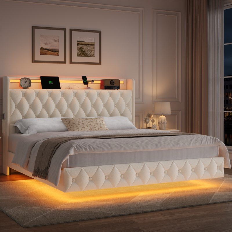 Incomplete Upholstered Floating Bed with LED Lights, Charging Port Wrought Studio