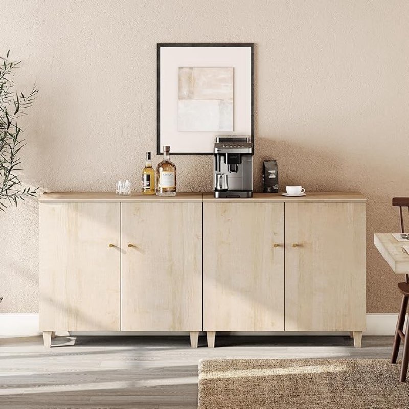 (1/2)WAMPAT Buffet Cabinets Sideboards, 70.8\" Wide Wood Credenza Console Table with 4 Doors, 2-in-1 Modern Rustic Kitchen Accent Storage Cabinets with 6 Compartments for Living Room, Hallway, Light Oak
