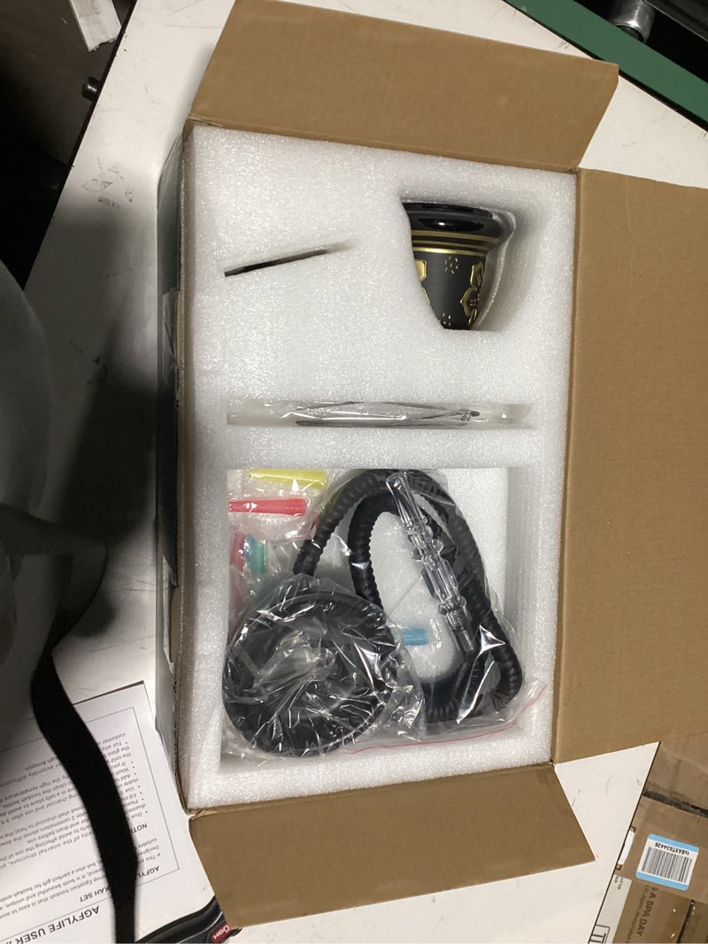 Condition photo showing Good Condition for As is Hookah Set 25\" Egyptian Style Hookah Complete Set with Everything, Shisha Accessories Includes Glass Vase, Clay Bowl, Leather Hookah Hose, Electroplated Black