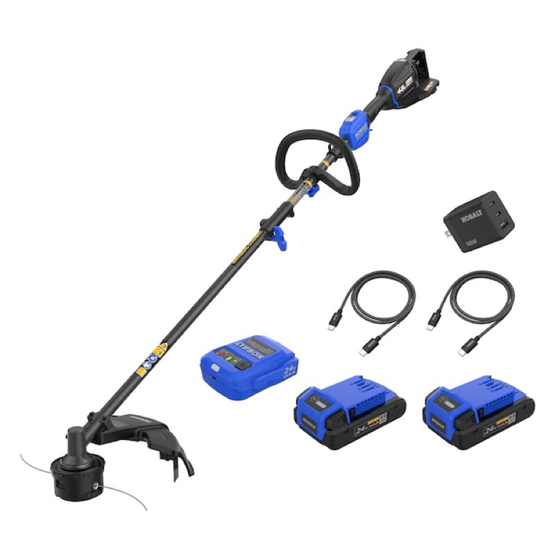 kobalt 48v max (24vx2) 15-in attachment capable battery string trimmer kit, (2) 3.0ah batteries and charger included