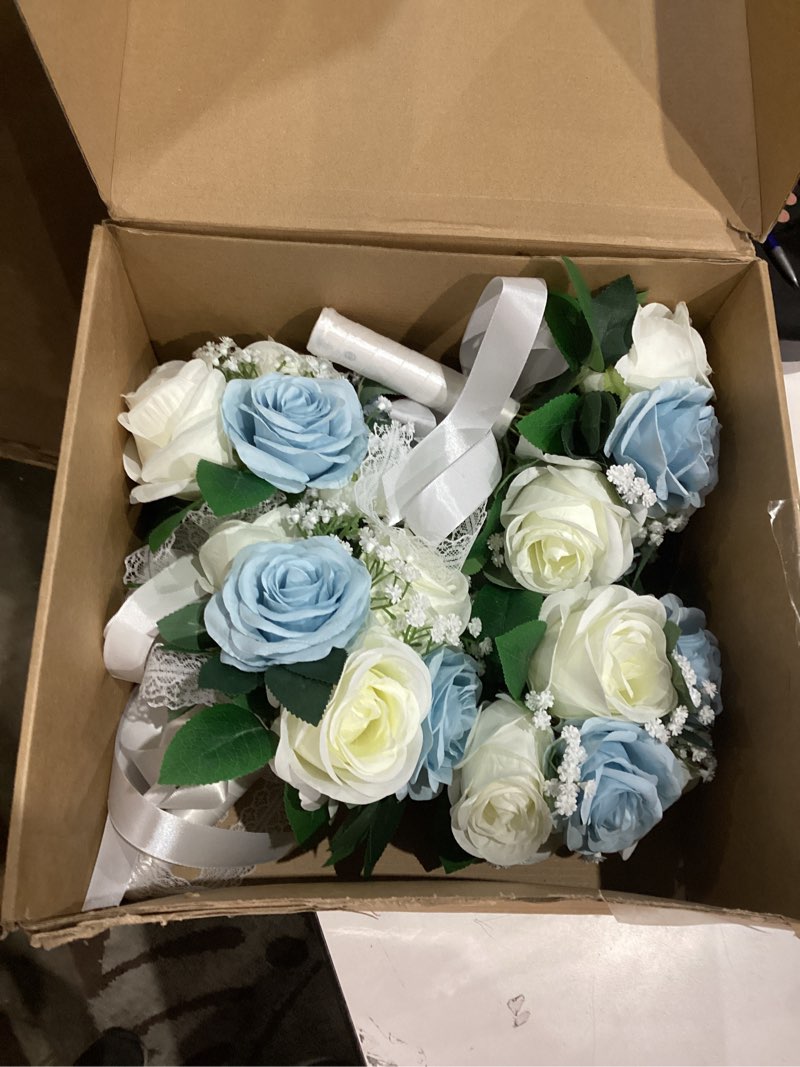 Condition photo showing Good Condition for Dusty Blue White Bridesmaid Bouquet Set of 4, Baby's Breath Wedding Bouquets for Bridesmaids, 7 Inch Bridal Bouquets for Bridesmaids, Wedding Decor, Ceremony, Anniversary, Homecoming, etc. Blue 4 PCS