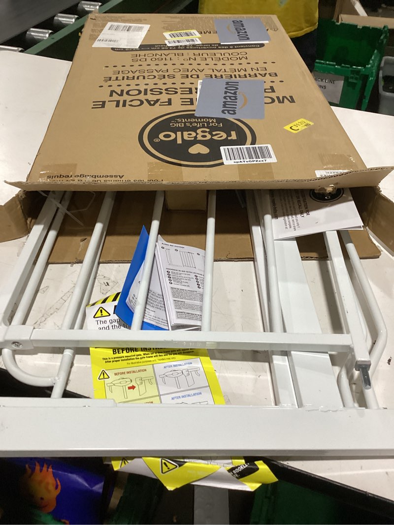 Condition photo showing New/Like New for regalo safety 38" baby gate for doorways & bottom of stairs, pressure mount design for babies, toddlers & pets, tested & safe for 30 years, american designed, american owned, white white 29-38.5"w x 30"h