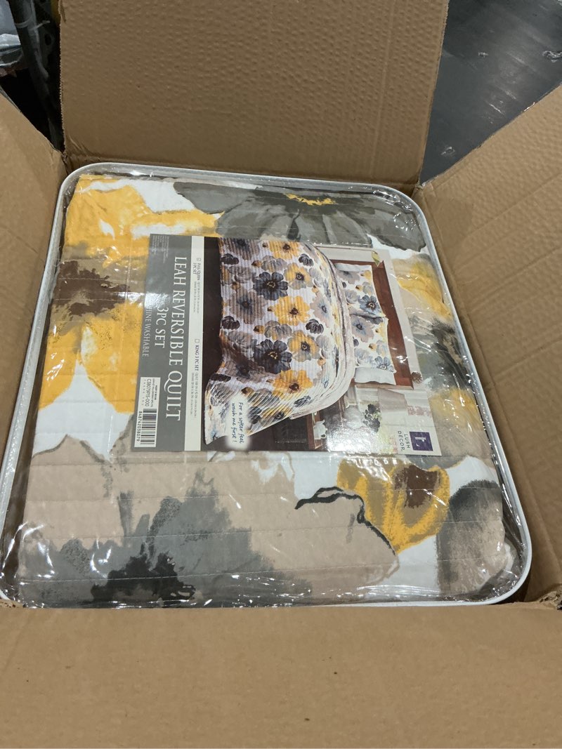 Condition photo showing Good Condition for lush decor leah reversible floral quilt set, 3 piece set, full/ queen, yellow & gray - watercolor botanical - cottage core - french country decor- bedding queen size yellow & gray full/queen quilt set