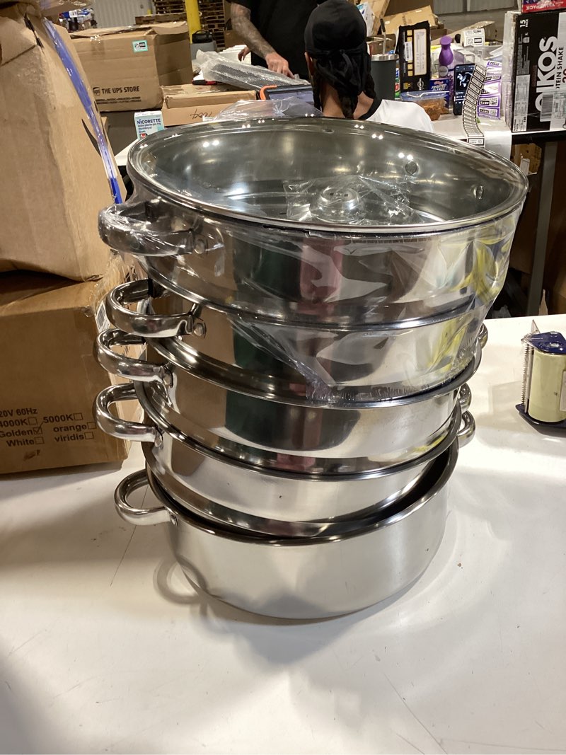 Condition photo showing Good Condition for 5-tier stainless steel steamer pot with lid, multipurpose steam pots for cooking, vegetable & dumpling steamer set with durable handles and glass lid for fish, meat, and seafood (silver 5)