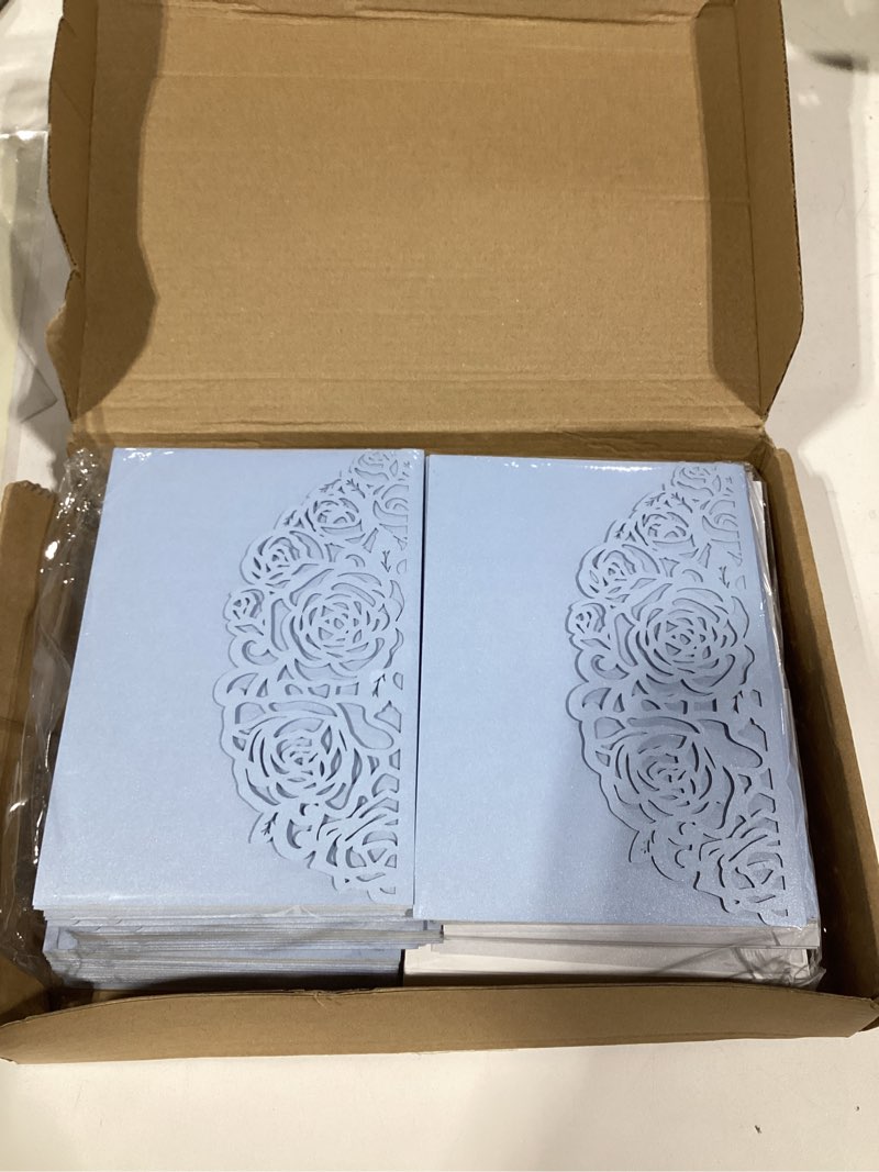 Condition photo showing Good Condition for 50pcs baby blue laser cut wedding invitation with envelopes and rsvp cards | tri-fold invitation sleeves, 4.9x7.1”, blank inner cards, invitaciones para 15 años quinceañera wedding baby shower light blue 50pcs