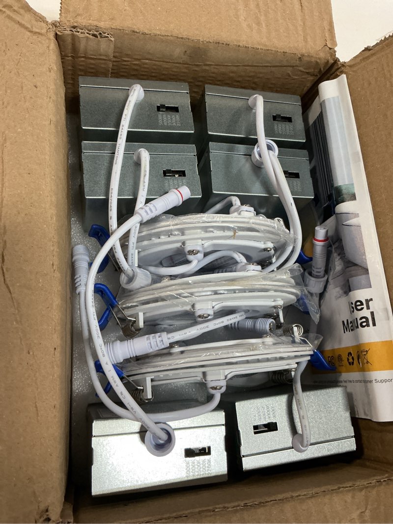 Condition photo showing Good Condition for 6 pack 4 inch 5cct led recessed light, silm canless recessed lighting, dimmable, damp rated, 2700k-5000k selectable, wafer ceiling downlight with junction box, 750lm, 9w 120v, etl&fcc white-4 inch 6 pack