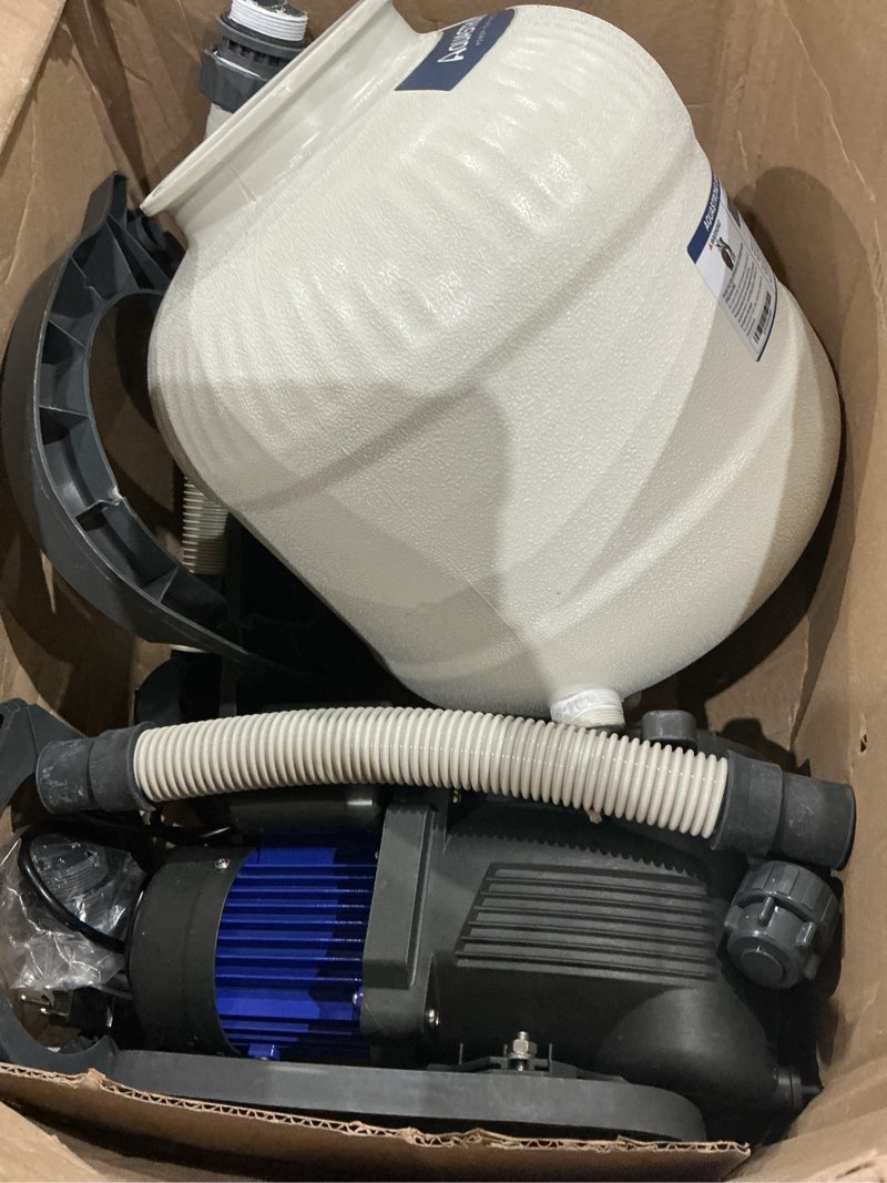 Condition photo showing As Is for sand filter pumps 115v 12in to 20in with timer, 1/2 hp to 2 hp, max 8917gph for pools up to 38000gal, 6-way valve