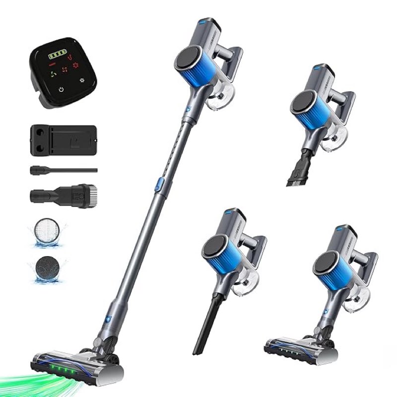 Cordless Vacuum Cleaner, 450W/40Kpa Portable Stick Vacuum with LED Touch Screen,Anti-Tangle,Wall Mount Charging 6in1 Lightweight Handheld Vacuum for Hard Floors Carpet Pet Hair, Blue Gray