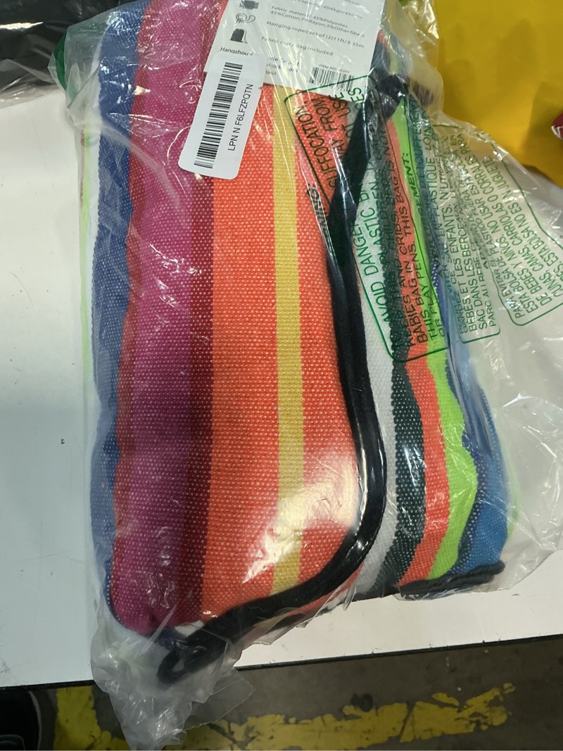 Condition photo showing New/Like New for joyview brazilian double hammock with hanging ropes extra large 86.6x59” portable cotton hammock for patio backyard porch 450lbs weight capacity perfect for outdoor/indoor - color stripes