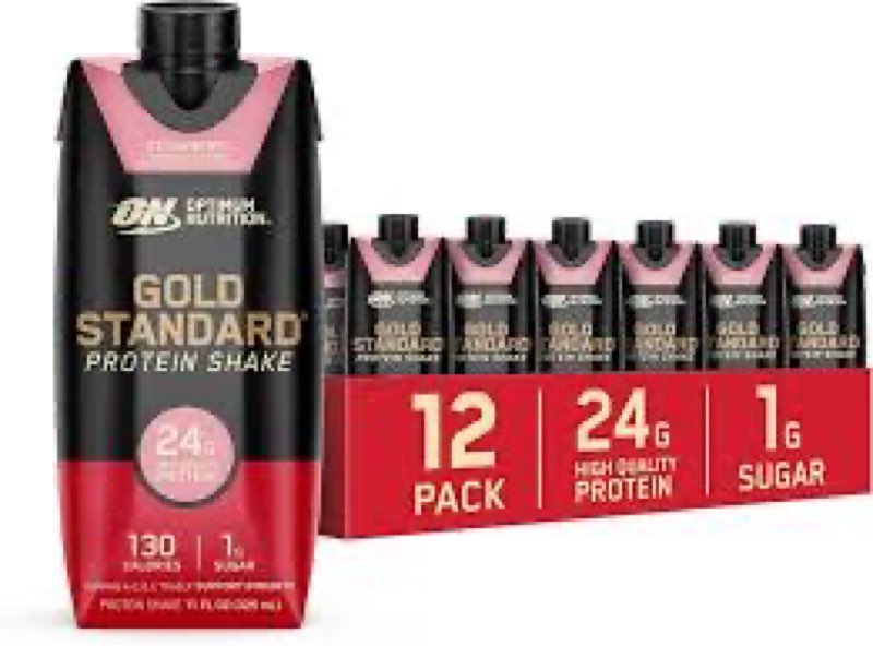 optimum nutrition gold standard protein shake, 24g protein, ready to drink protein drinks, strawberry, 11 fl oz, 12 count (pack of 1) (packaging may vary) strawberry 11 fl oz (pack of 12)(best by jan/27/2026)