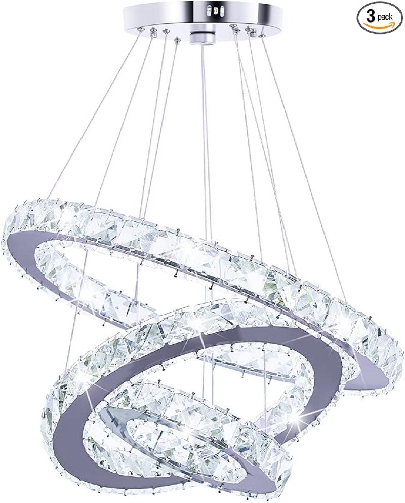 Crystal Chandeliers Modern LED 3 Ring Chandelier Adjustable Ceiling Light Fixtures Pendant Lighting Stainless Steel Hanging Lights for Living Room Dining Room Bathroom Bedroom, Cold White (Round)