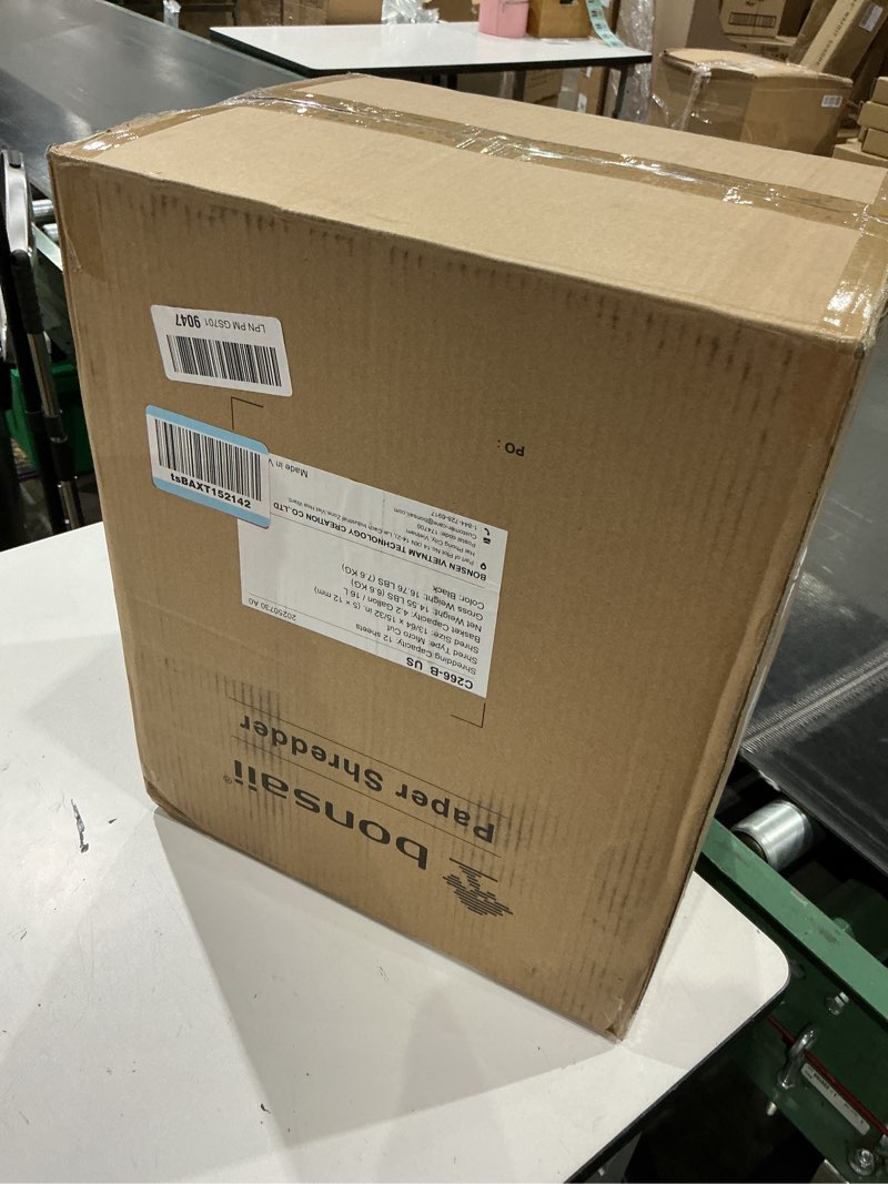 Condition photo showing New/Like New for bonsaii 12-sheet micro cut shredders for home office, 60 minute p-4 security level paper shredder for cd, credit card, mails, staple, clip, with jam-proof system & 4.2 gal pullout bin c266-b black