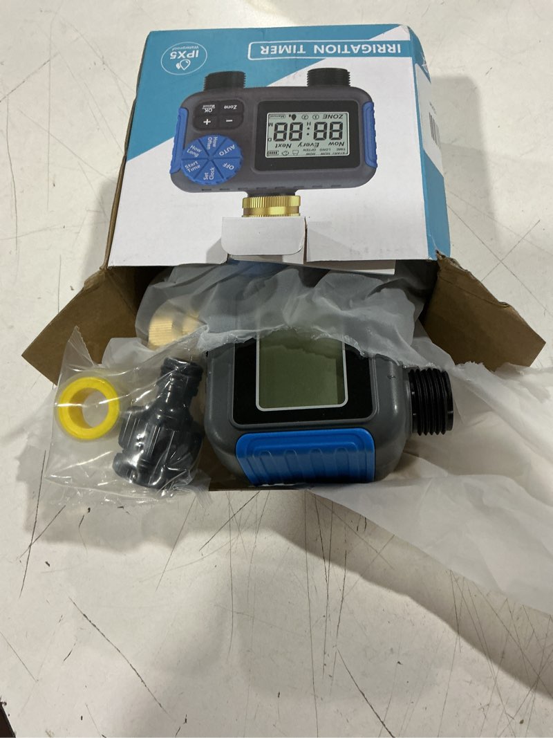 Condition photo showing Good Condition for sprinkler timer, 2 zone programmable hose timers for watering with brass swivel, digital irrigation controller system with rain delay/manual/automatic watering for outdoor garden yard lawn