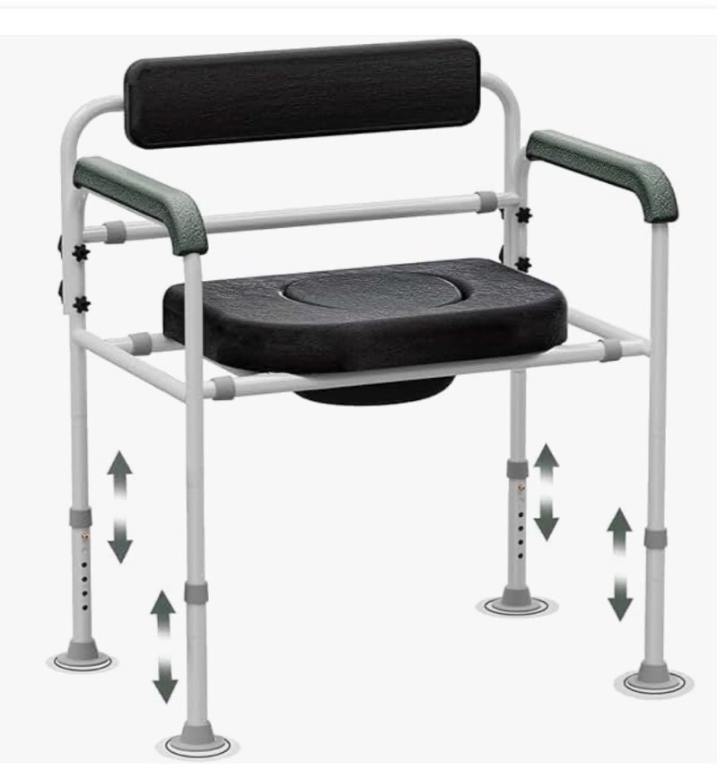 adjustable medical bedside commode chair with padded backrest, height adjustable, drop arm support black modified commode chair