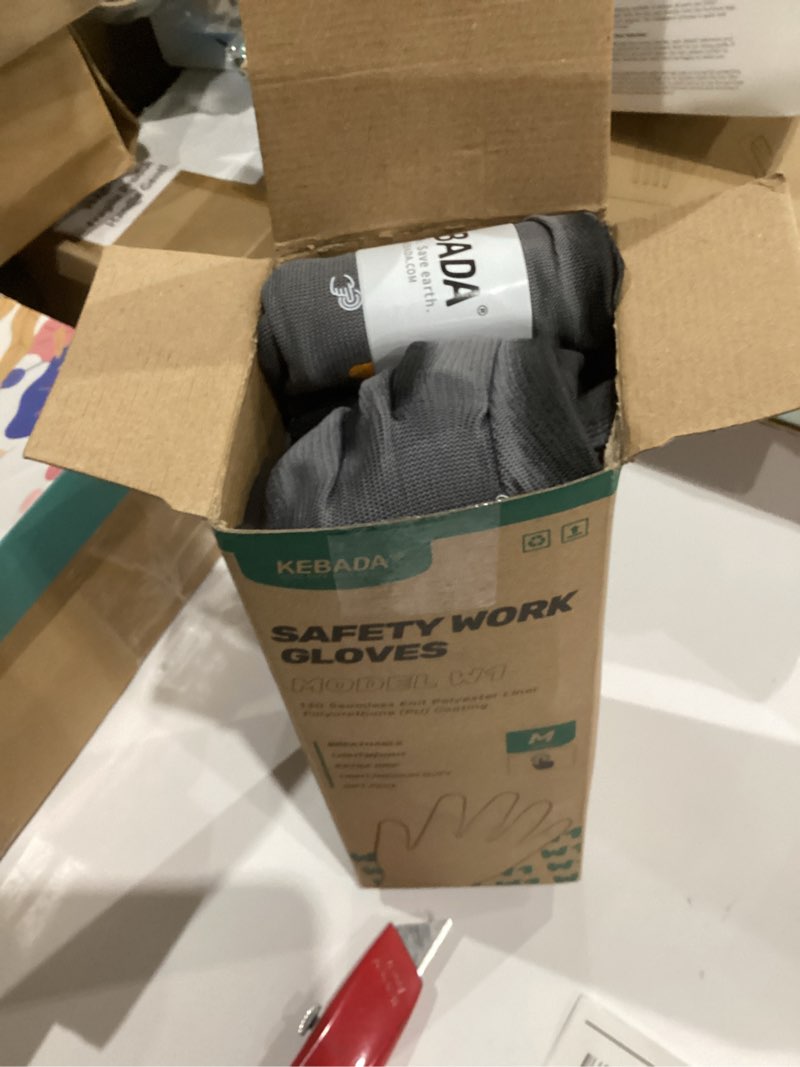 Condition photo showing New/Like New for ONE PAIR IS OPENED BUT NEW Kebada W1 Work Gloves for Men and Women, PU Coated Safety Gloves with Grip, Touchscreen, Ideal for Warehouse Package Handling, Construction, Gardening, 12 Pairs Gray Medium Medium Light Grey
