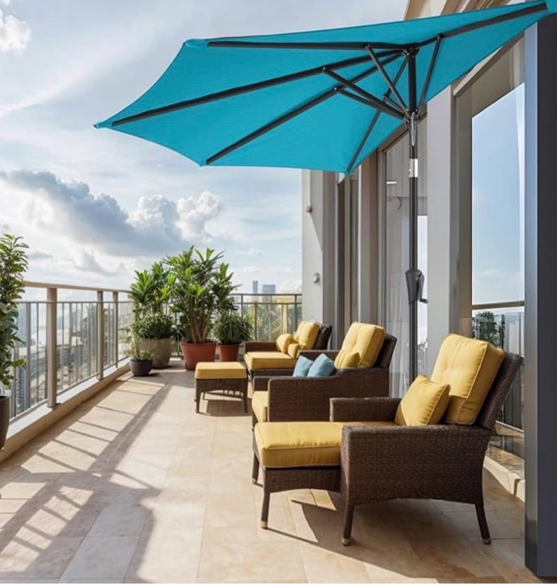 villacera 9-ft half umbrella outdoor patio canopy with easy hand crank blue