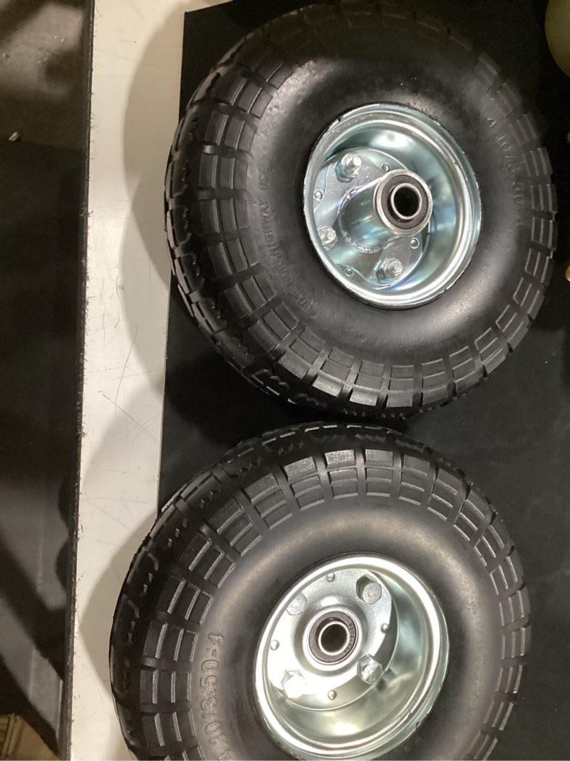 Condition photo showing Good Condition for ar-pro (2-pack) 10-inch solid rubber tire wheels - replacement 4.10/3.50-4" flat free tire with 5/8" bearings, 2.2" offset hub - compatible with hand truck, wheelbarrow, dolly, gorilla carts silver