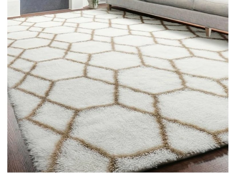 onasar rugs for living room bedroom, 5x8 fluffy white and beige area rug, geometric boho soft plush shaggy floor carpet mat for nursery kids girls boys teen dorm home decor aesthetic