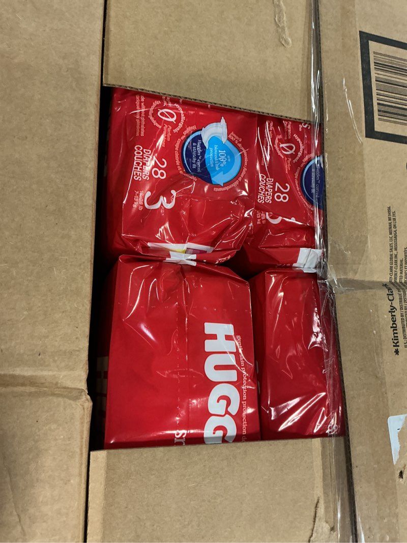 Condition photo showing New/Like New for huggies size 3 diapers, little snugglers baby diapers, size 3 (16-28 lbs), 168 count (6 packs of 28), packaging may vary