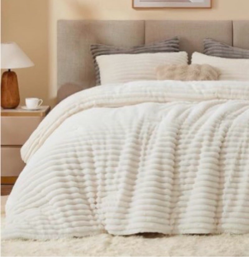 bedelite fleece full comforter set -super soft & warm fluffy cream white bedding, luxury fuzzy heavy