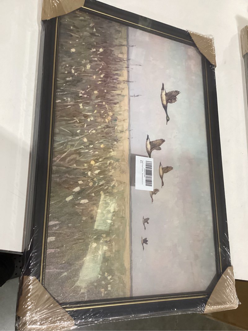 Condition photo showing New/Like New for framed vintage flying duck wall art rustic landscape field wildflower painting wall decor retro bird poster printing artwork for living room bedroom home decoration