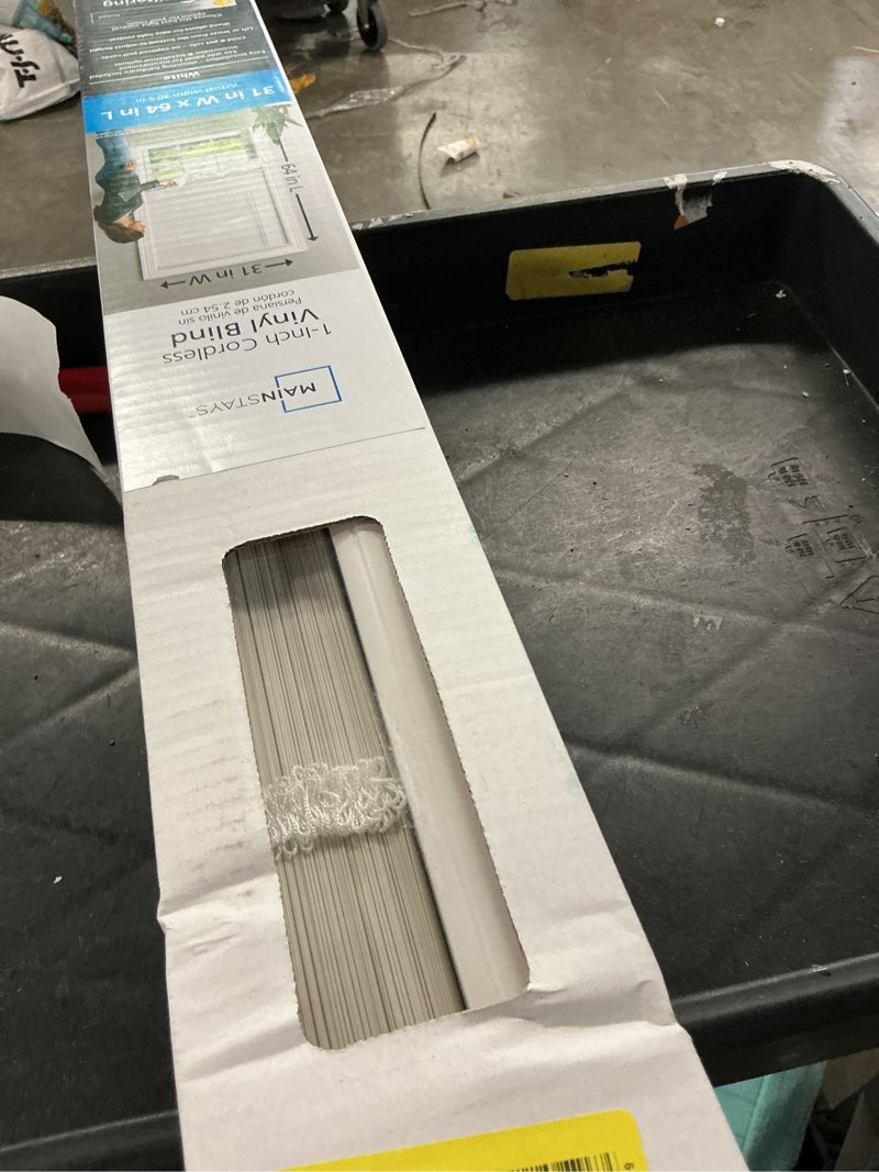 Condition photo showing As Is for mainstays 1" cordless vinyl light filtering mini blinds, 1-piece, white, 32" w x 64" l
