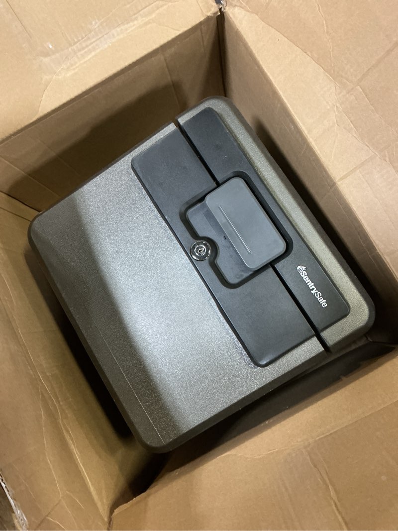 Condition photo showing As Is for sentrysafe black fireproof and waterproof safe, file folder and document box with key lock, ex. 14.3 x 15.5 x 13.5 inches, hd4100