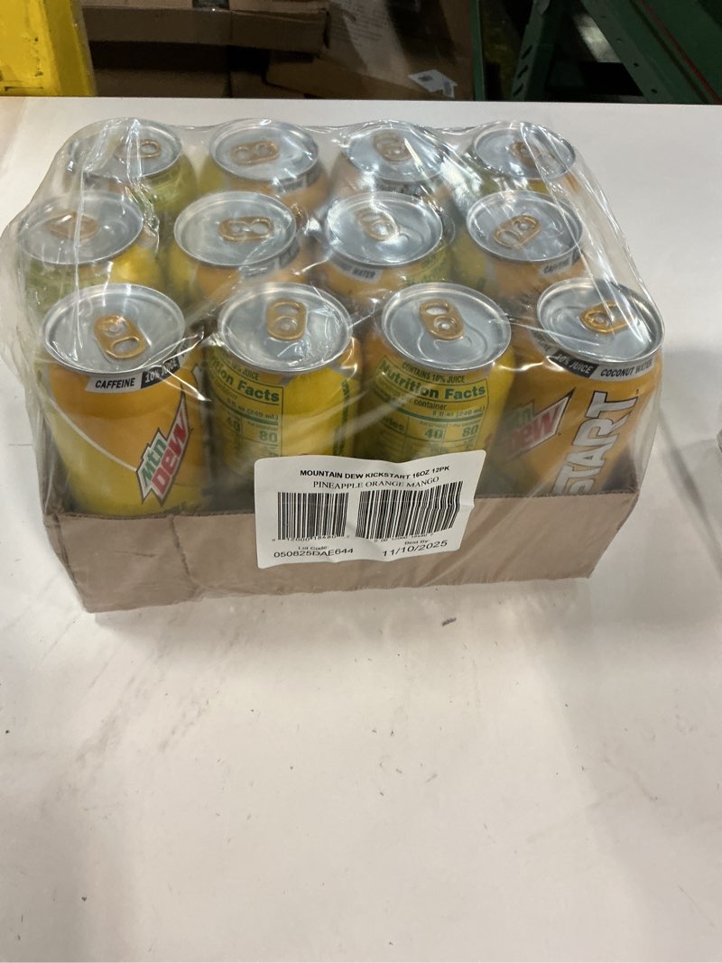 Condition photo showing New/Like New for (( BEST BY/11/10/2025))Mountain Dew Kickstart, Pineapple Orange Mango, 90mg Caffeine, Vitamins B & C, 80 Calories, 10% Juice, 16 fl oz (Pack of 12) Pineapple Orange Mango 16 Fl Oz (Pack of 12)
