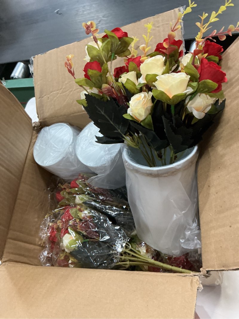 Condition photo showing New/Like New for Domensi 4 Sets Valentine's Day Centerpiece for Table Artificial Rose with Vase Fake Bouquets and Metal Pot Floral Arrangements for Wedding Holiday Party Event Table