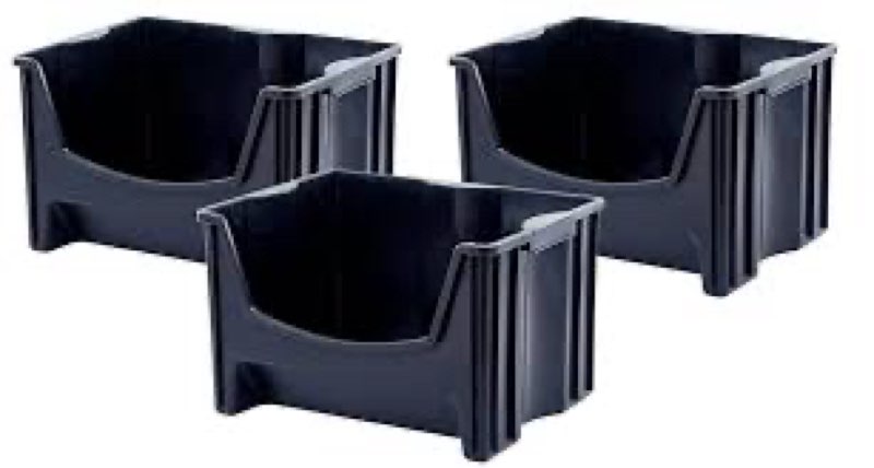 Mighty Tuff Jumbo Stackable Storage Bins, Pack of 3, Easy-Access Storage, Large Easy-To-Grip Handles, Wide Front Opening, Interlocking, Stack Vertically, Black
