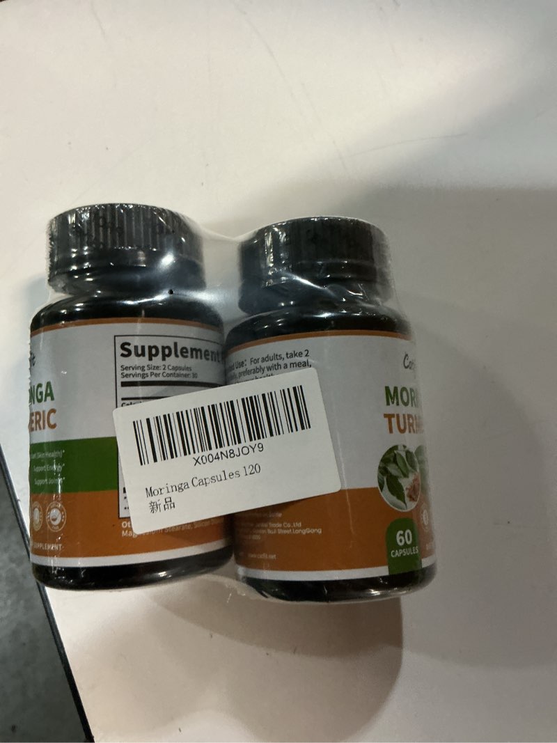 Condition photo showing New/Like New for (BBD 04/2027). 2 Pack Moringa Capsules 10-in-1 Superfood Supplement – Turmeric Curcumin, Bromelain & Black Pepper – Antioxidant, Energy & Skin Support – Vegan, Non-GMO 120 Count (Pack of 1)