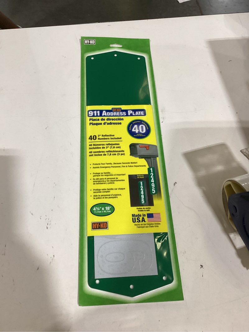 Condition photo showing Good Condition for hy-ko products 911 address plate 4 5/8" x 18" (3" numbers) green, 1 piece