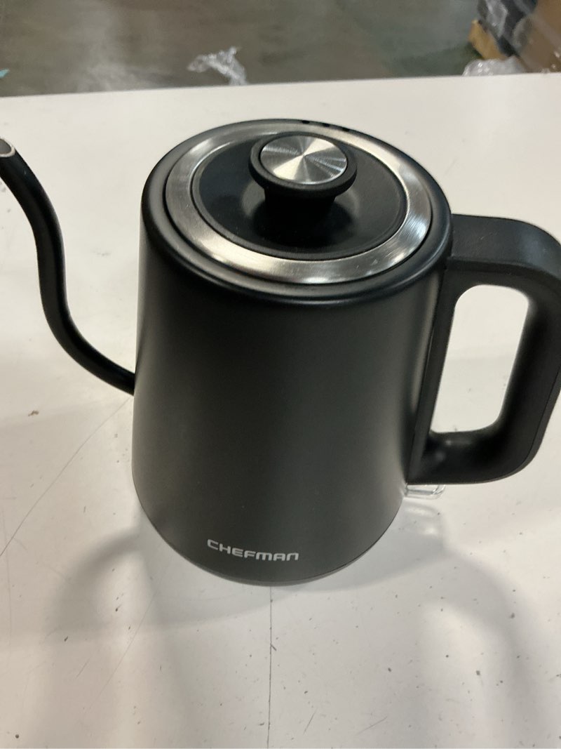 Condition photo showing As Is for chefman gooseneck electric kettle, 0.8l pour over tea kettle for coffee and tea, one-touch operation, boil-dry protection, auto shut-off, ultra-fast hot water boiler – black