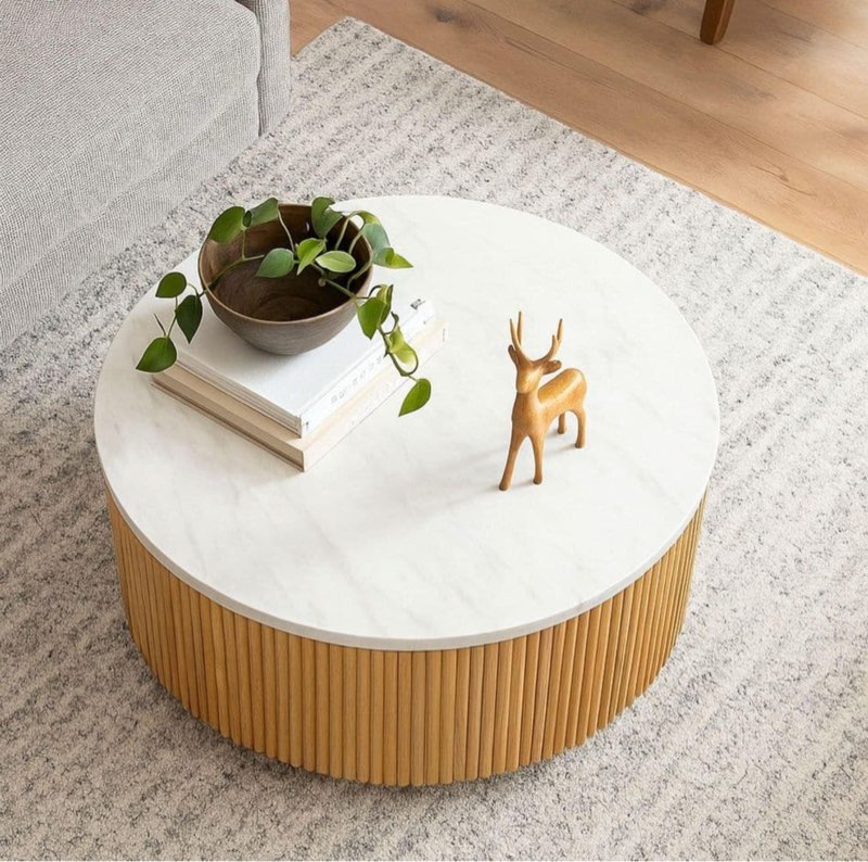 Layana 35.5 in. Natural/Faux White Marble Round MDF Coffee Table