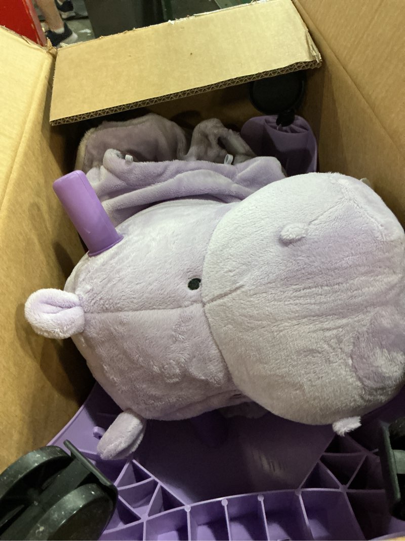 Condition photo showing As Is for radio flyer holly the rolling hippo ride on, ages 1-3, ez-glide 360-degree wheels, easy grip handles, soft plush face, ideal for active and imaginative play, toddler ride on toys purple no lights & sounds