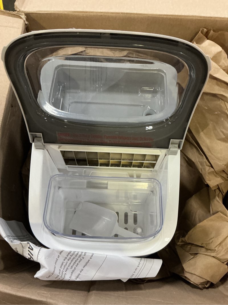 Condition photo showing As Is for countertop ice cube maker machine with external water tank,16pcs/5mins,34lbs/day,2 ways to add water,portable compact small ice maker with self-cleaning,perfect for home/kitchen/camping/rv grey